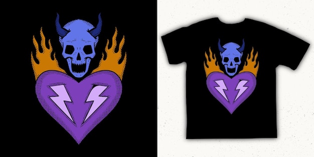 Devil skull love fire illustration colorful vector for print on tshirt, poster, logo, stickers etc