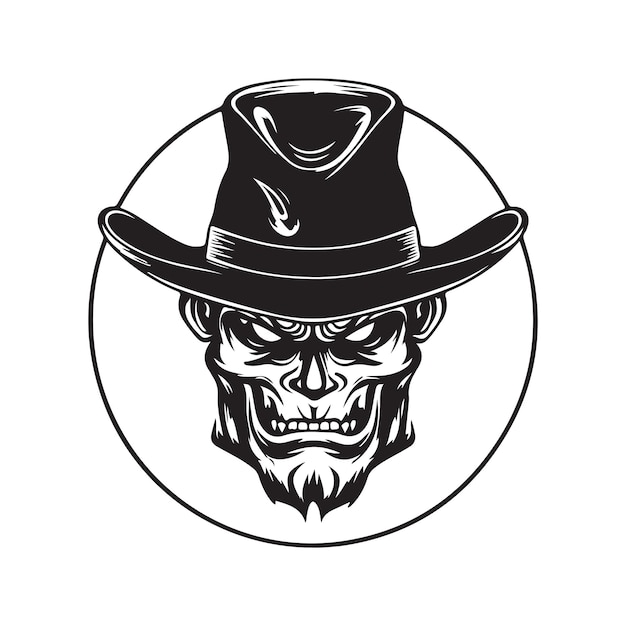 Devil wearing hat vintage logo line art concept black and white color hand drawn illustration