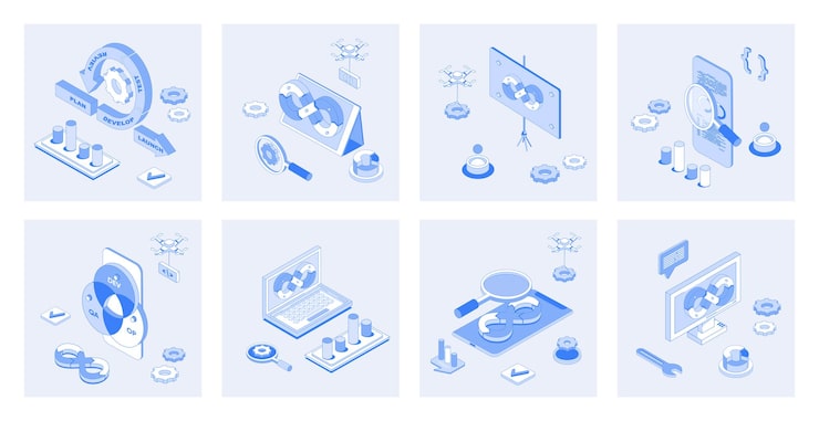 Vector devops 3d isometric concept set with isometric icons design for web collection of agile coding operation practice programming teamwork infrastructure products development cycle vector illustration
