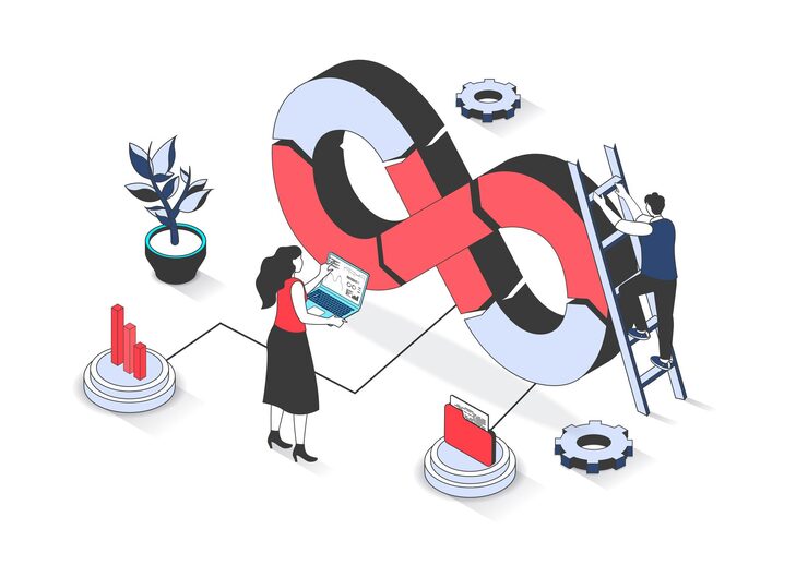 Vector devops 3d isometric concept with isometry people design for web man and woman developing and programming in team using agile development operations architecture in work process vector illustration