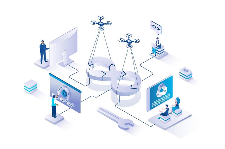 Vector devops 3d isometric concept with isometry people design for web people working with programming and management system using job integration practice and agile cycles in project vector illustration