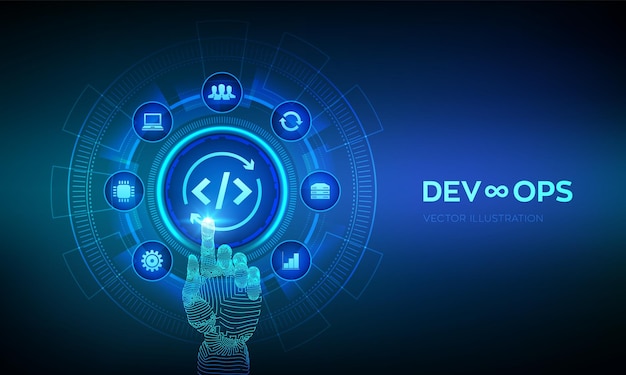 Devops Agile ontwikkelings- en optimalisatieconcept op virtueel scherm Software engineering Methodologie voor softwareontwikkelingspraktijken Robotische hand die digitale interface aanraakt Vector illustratie