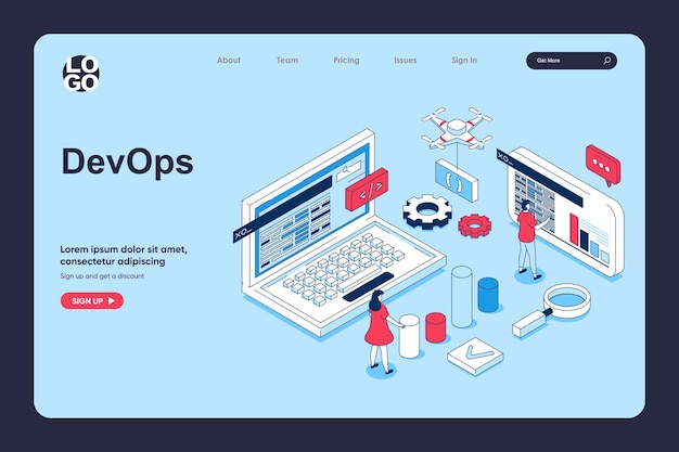 DevOps concept in 3d isometric design for landing page template People implementing agile processes and automations on programming for creating and realising products Vector illustration for web