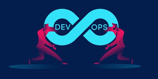 Devops концепция бизнес-иллюстрация в красных и синих неоновых градиентах