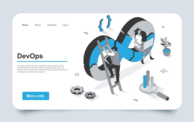 ベクトル 3dアイソメランディングページのアウトラインデザインにおけるdevopsの概念プログラマーとエンジニアが作業中