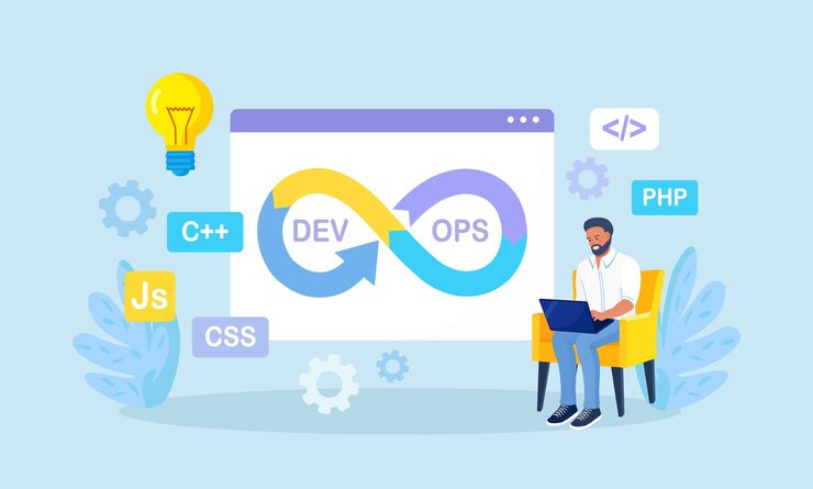 Vector devops concept programmers practice of development and software operations developer working on operations process technical support programming code programmer using devops method vector design