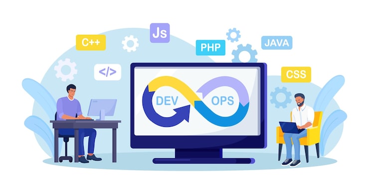 Vector devops concept programmers practice of development and software operations developer working on operations process technical support programming code programmer using devops method vector design