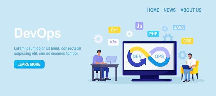Vector devops concept programmers practice of development and software operations developer working on operations process technical support programming code programmer using devops method vector design
