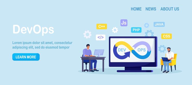 Vector devops concept programmers practice of development and software operations developer working on operations process technical support programming code programmer using devops method vector design