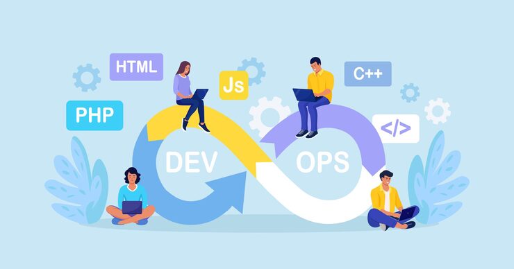 Vector devops concept programmers practice of development and software operations developer working on operations process technical support programming code programmer using devops method