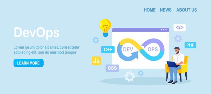 Vector devops concept programmers practice of development and software operations developer working on operations process technical support programming code programmer using devops method