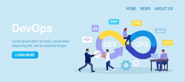 ベクトル devops の概念 プログラマー 開発とソフトウェア運用の実践 運用プロセスに取り組む開発者 テクニカル サポート プログラミング コード devops メソッドを使用するプログラマー ベクター デザイン
