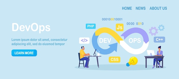 Devops-concept programmeurs praktijk van ontwikkeling en software-operaties ontwikkelaar werkt aan operationele proces technische ondersteuning programmeercode programmeur met behulp van devops-methode vectorontwerp