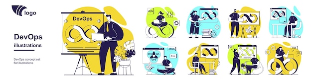 DevOps concept set for web design Collection with people working with coding and management using job integration practice teamwork workflow with agile cycles in project Vector illustration