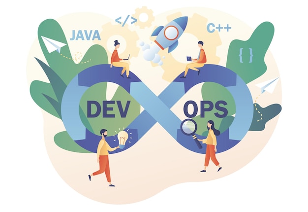 DevOps concept. Tiny programmers practice of development and software operations. Sign of infinity