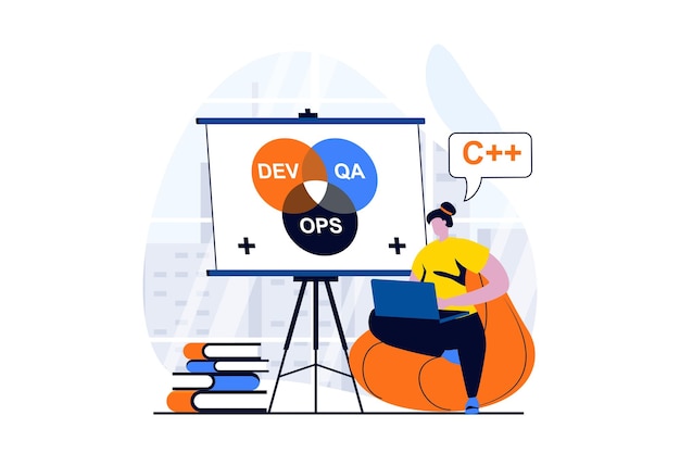 Концепция DevOps со сценой людей в плоском мультяшном дизайне Женщина кодирует и программирует приложения или программы, в то время как менеджер оптимизирует эффективный рабочий процесс я команда Векторная иллюстрация визуальная история для Интернета