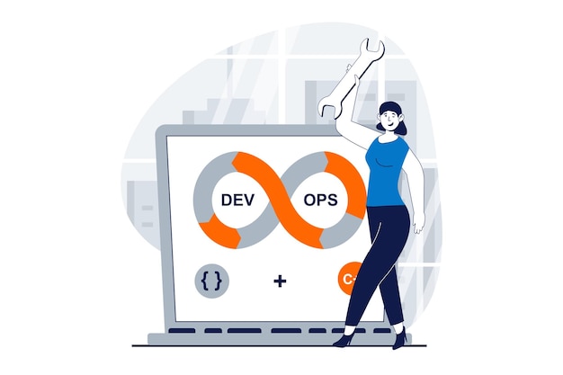 웹을위한 평평한 디자인의 사람 장면과 함께 DevOps 개념 여성은 최적화 프로그래밍 프로세스를 위해 민한 프로젝트 관리를 사용하는 여성 소셜 미디어 배너 마케팅 자료를위한 터 일러스트