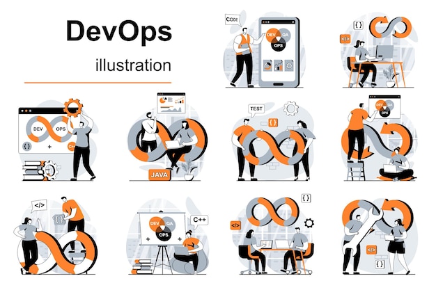 평면 디자인 벡터 일러스트 레이 션 시각적 이야기에서 설정하는 사람들 장면과 DevOps 개념