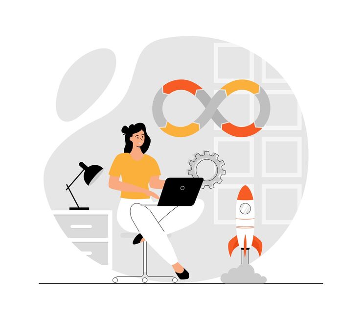 Vector devops developer concept programmer working on software development operations process technical