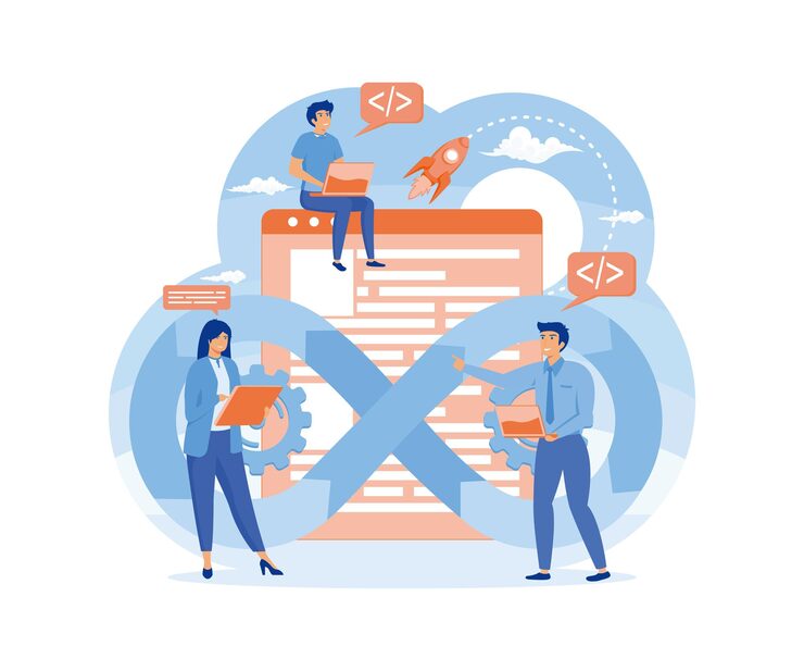 Vector devops developers characters software delivery automation process concept software development operations workflow team cooperating flat vector modern illustration