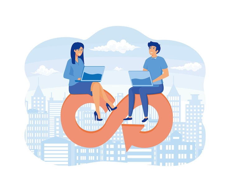 Vector devops development operations for agile software development business people working with computers on the devops cycle flat vector modern illustration