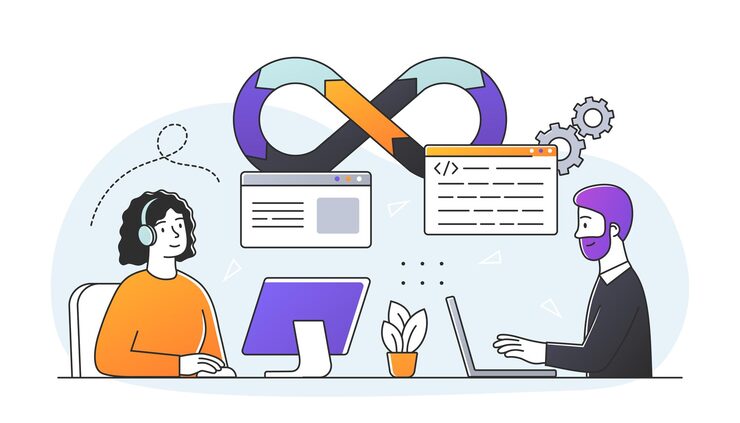 Vector devops 엔지니어 개념 개발자는 컴퓨터에 앉아 프로그래밍 언어를 사용하여 웹 사이트를 만니다.