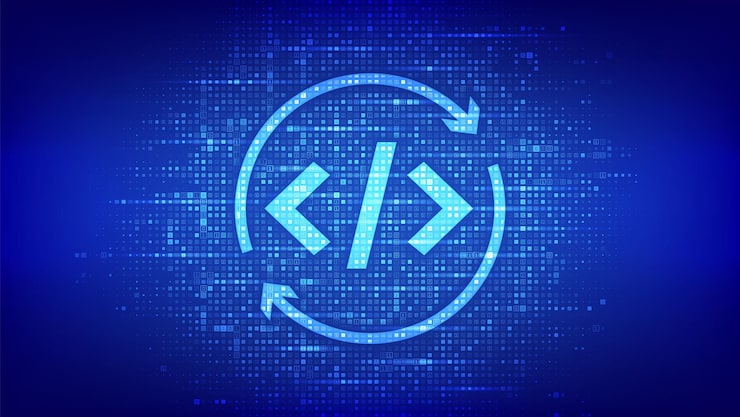 Vector 使用二進制代碼製作 devops 圖標 敏捷開發和優化 軟件工程 軟件開發實踐方法 數字代碼背景 10 位數 矢量插圖