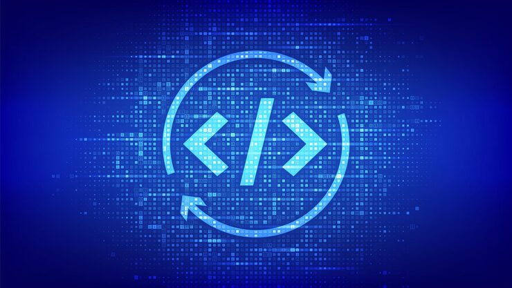 Vector devops icon made with binary code agile development and optimisation software engineering software development practices methodology digital code background with digits 10 vector illustration