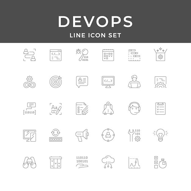 devops line icon set coding automation cloud deployment monitoring agile tools vector collection