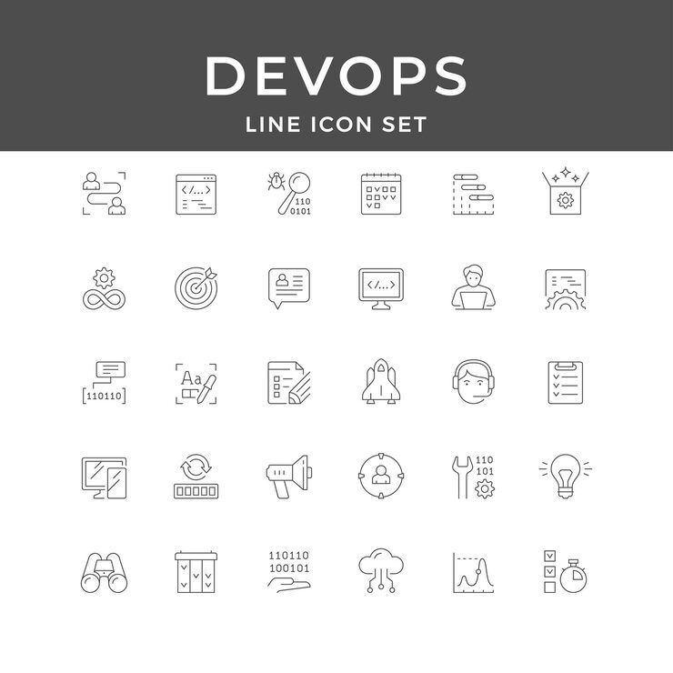 Vector devops line icon set coding automation cloud deployment monitoring agile tools vector collection
