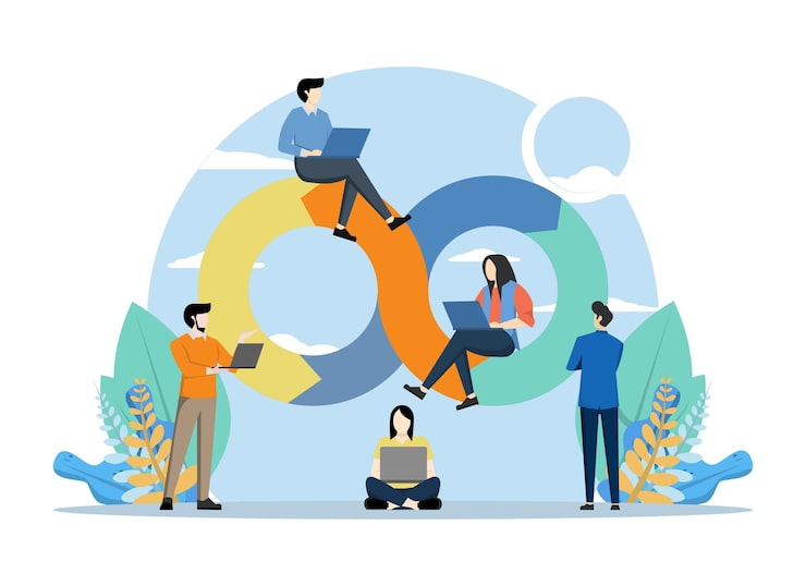 Vector devops 程序员 概念向量插图与开发团队做程序员