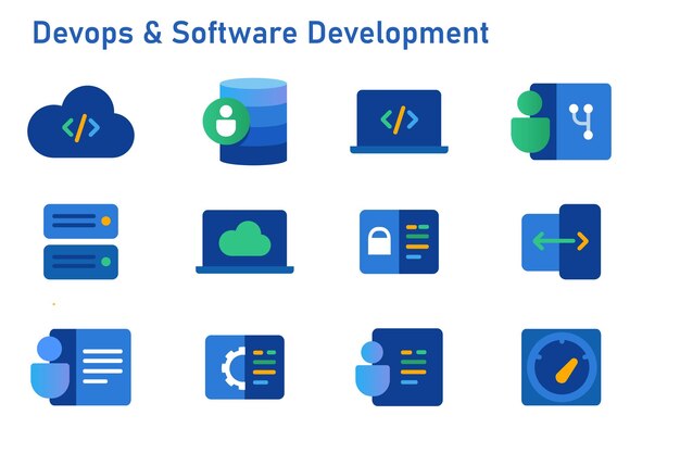 devops software development icon set coding programming cloud computing server repository