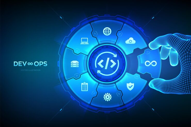 Вектор devops software development practices methodology agile development optimization concept software engineering hand places an element into a composition visualizing devops vector illustration