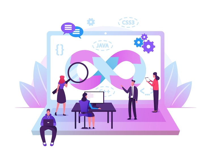 Vector devops specialists work collaboration. programmers and businesspeople at huge laptop. cartoon flat illustration