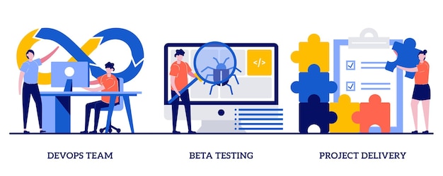 Vector devops team, beta testing, project delivery concept with tiny people. software development and technology analysis  set. programming teamwork, quality assurance.