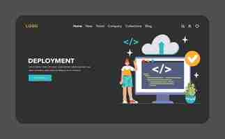 Vector devops web banner or landing page dark or night mode software development and it operations life