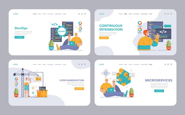 Devops webbanner of landing page set softwareontwikkeling methodologie softwareontwikkeling en het