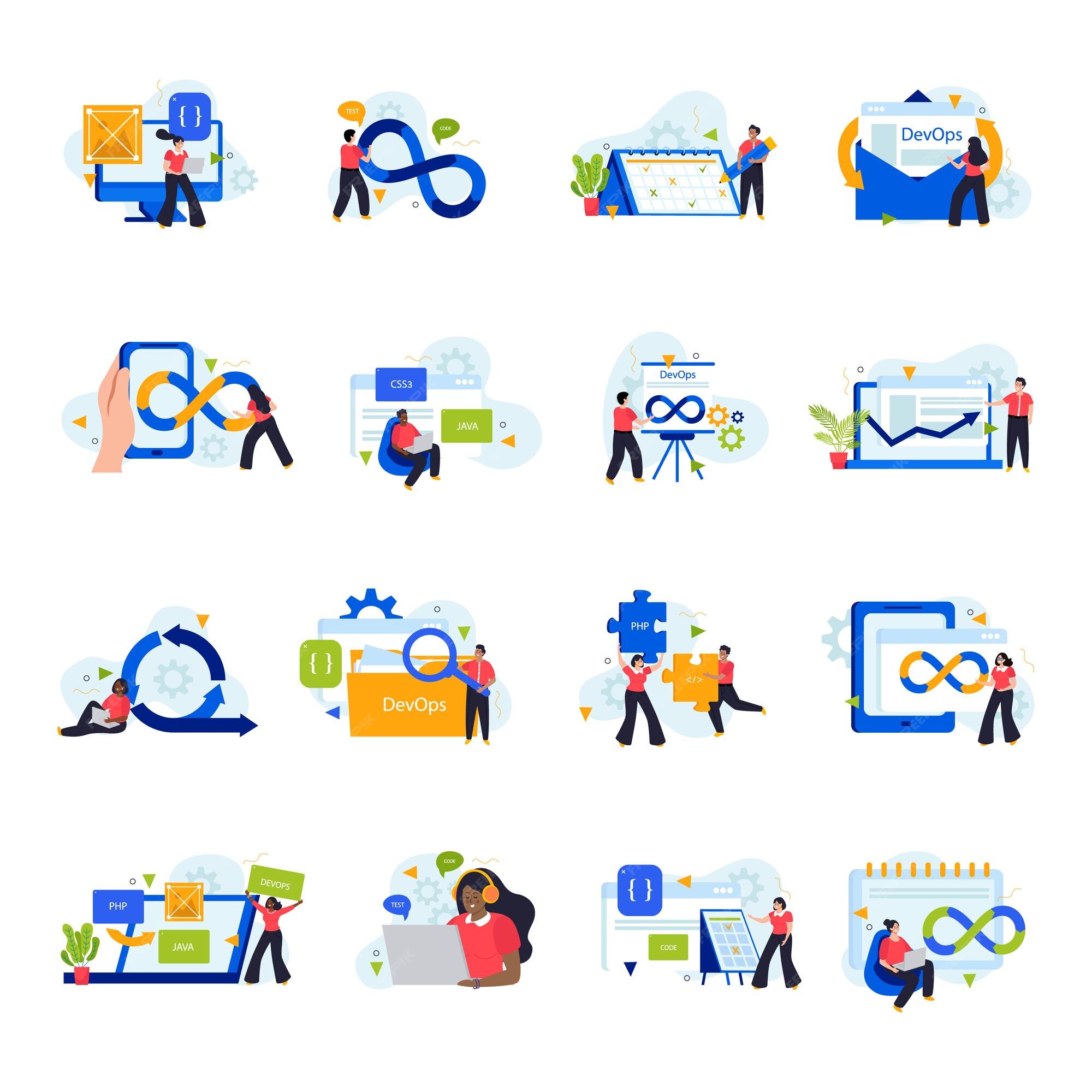 Premium Vector | Devops workflow flat icons set of working programmers ...
