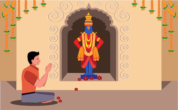 वेक्टर devotee worshipping and doing pooja in vitthal temple
