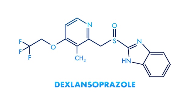 Concetto di dexlansoprazolo formula chimica icona etichetta testo font illustrazione vettoriale