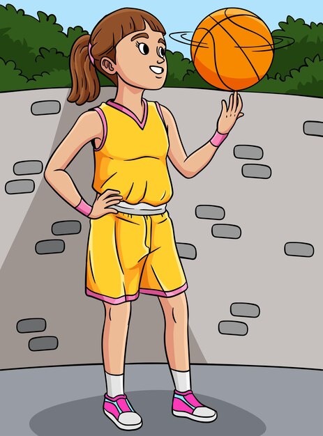 Deze cartoon clipart toont een basketball girl spinning the ball illustratie