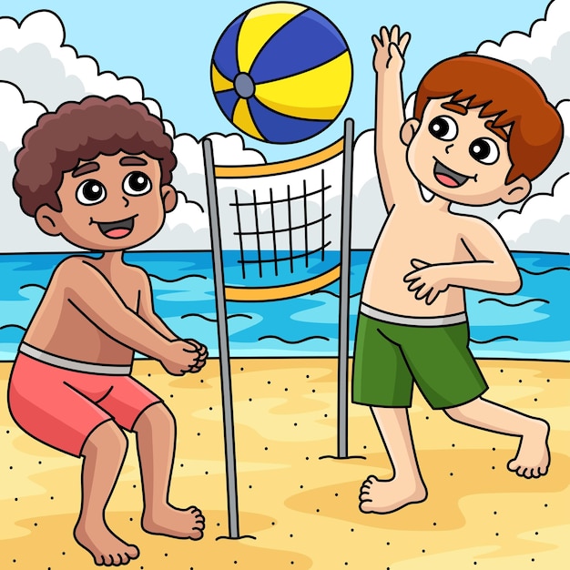 Deze cartoon clipart toont een boys playing beach volleyball zomer illustratie