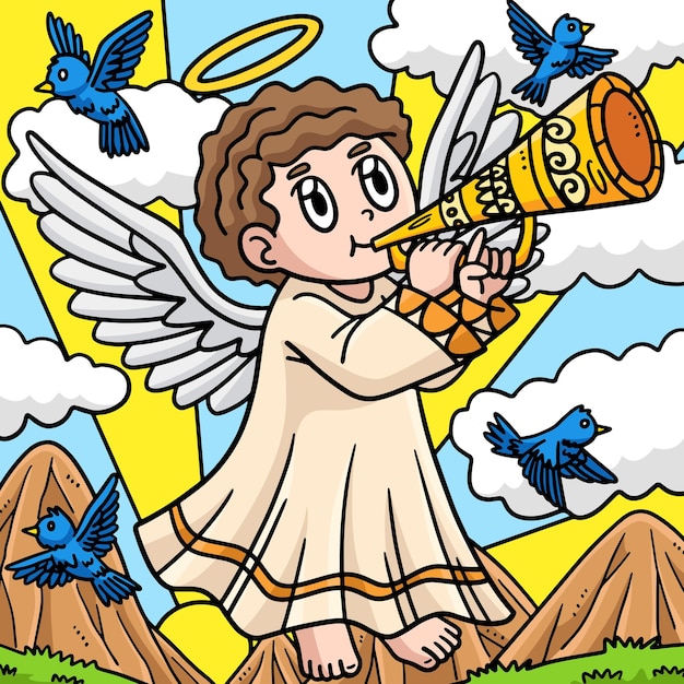 Deze cartoon clipart toont een christelijke engel die de bazuin blaast