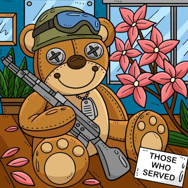 Deze cartoon clipart toont een Memorial Day Teddy Bear en Toy Rifle illustratie