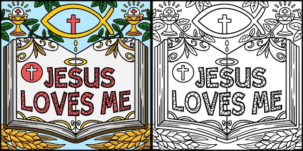 Deze kleurpagina toont een christelijke Jezus houdt van mij Een kant van deze illustratie is gekleurd en dient als inspiratie voor kinderen