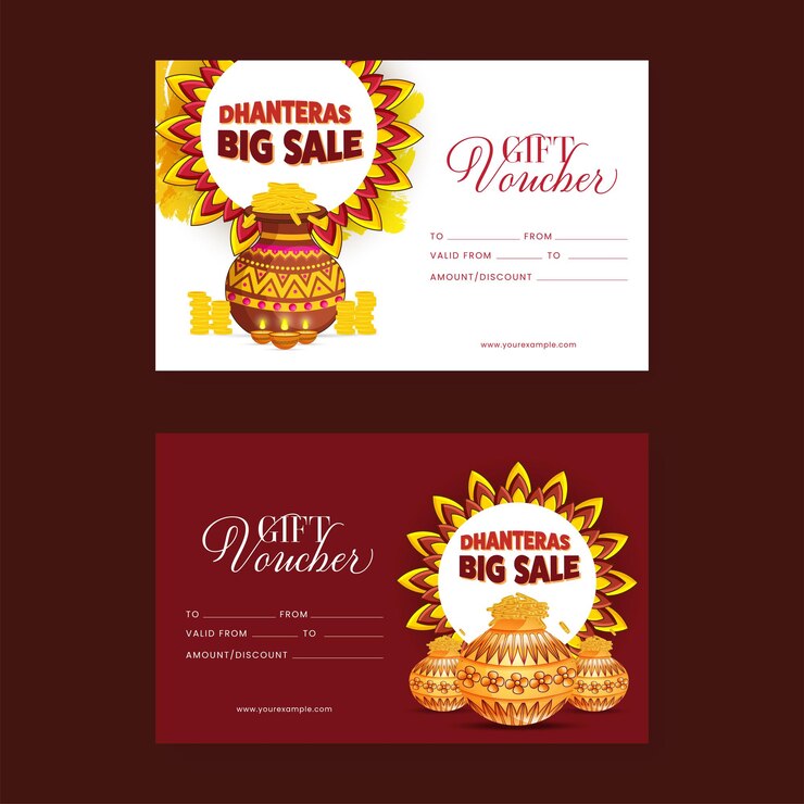 वेक्टर dhanteras big sale gift voucher template design with gold coin pots in red and white color options