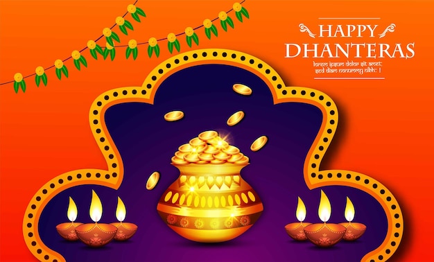 Celebrazione di dhanteras e celebrazione del festival di diwali banner o poster astratto con vaso d'oro