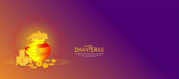 鍋の金色の模様と赤い色の背景に金貨を持つ Dhanteras 祭カード