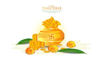 Dhanteras festival card with gold coin in pot golden patterned and red color background