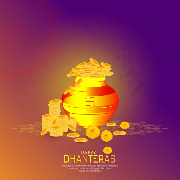 Dhanteras festivalkaart met gouden munt in pot gouden patroon en rode kleur Achtergrond